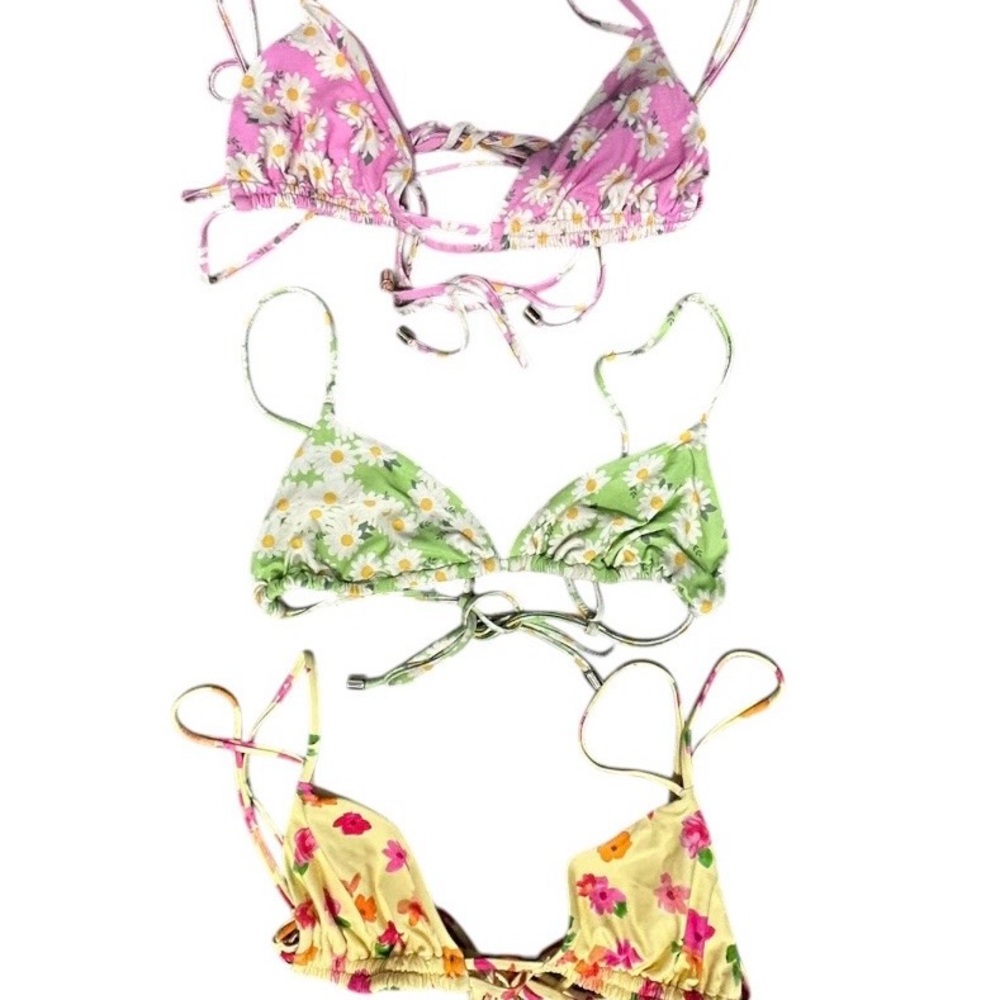 9.0 Swim Floral Triangle Bikini Tops & Bottom- Pink, Green & Yellow Set